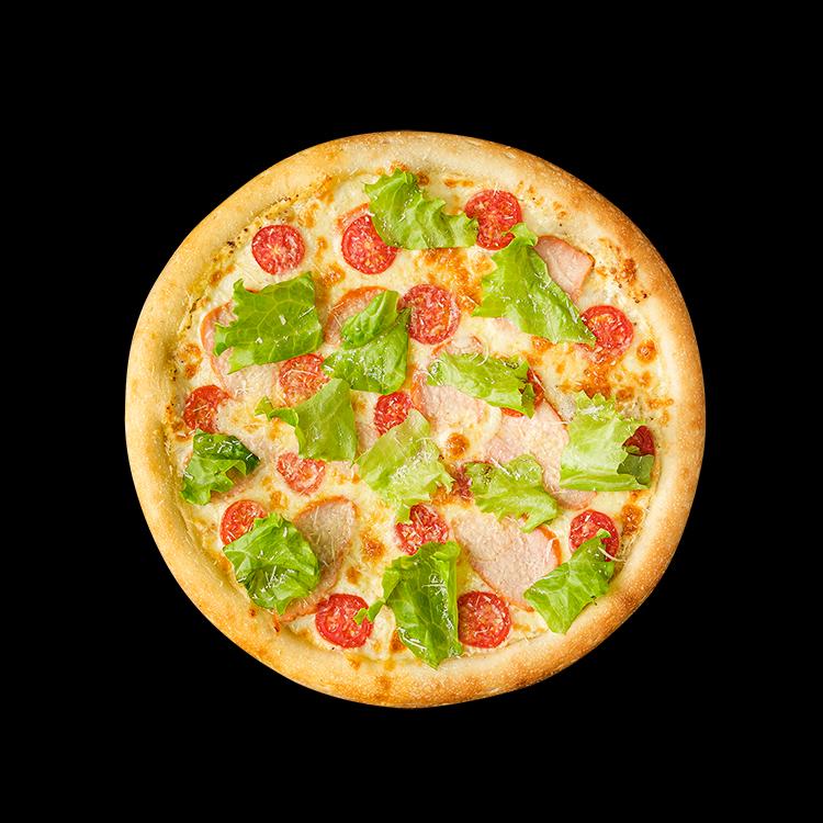 Пицца &quot;Цезарь&quot; (моцарелла, соус цезарь, помидорки черри, курица с/к, пармезан, лист салата) 580 гр.
