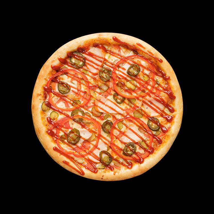 Пицца &quot;Барбекю&quot; (курочка, перец болгарский, соус барбекю, огурчик маринованный, помидоры, перчик халапеньо, моцарелла, соус красный) 700 гр.